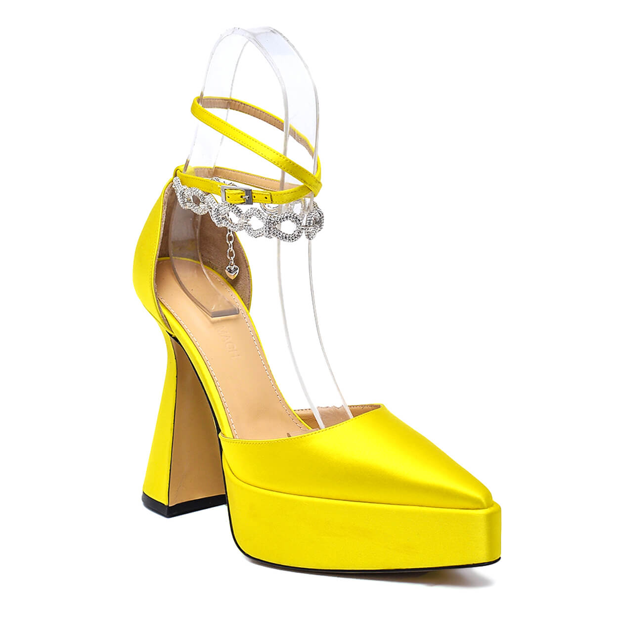 Mach & Mach - Lime Yellow Satin Crystal Embellished Chain Ankle Strap Platform Pumps 38